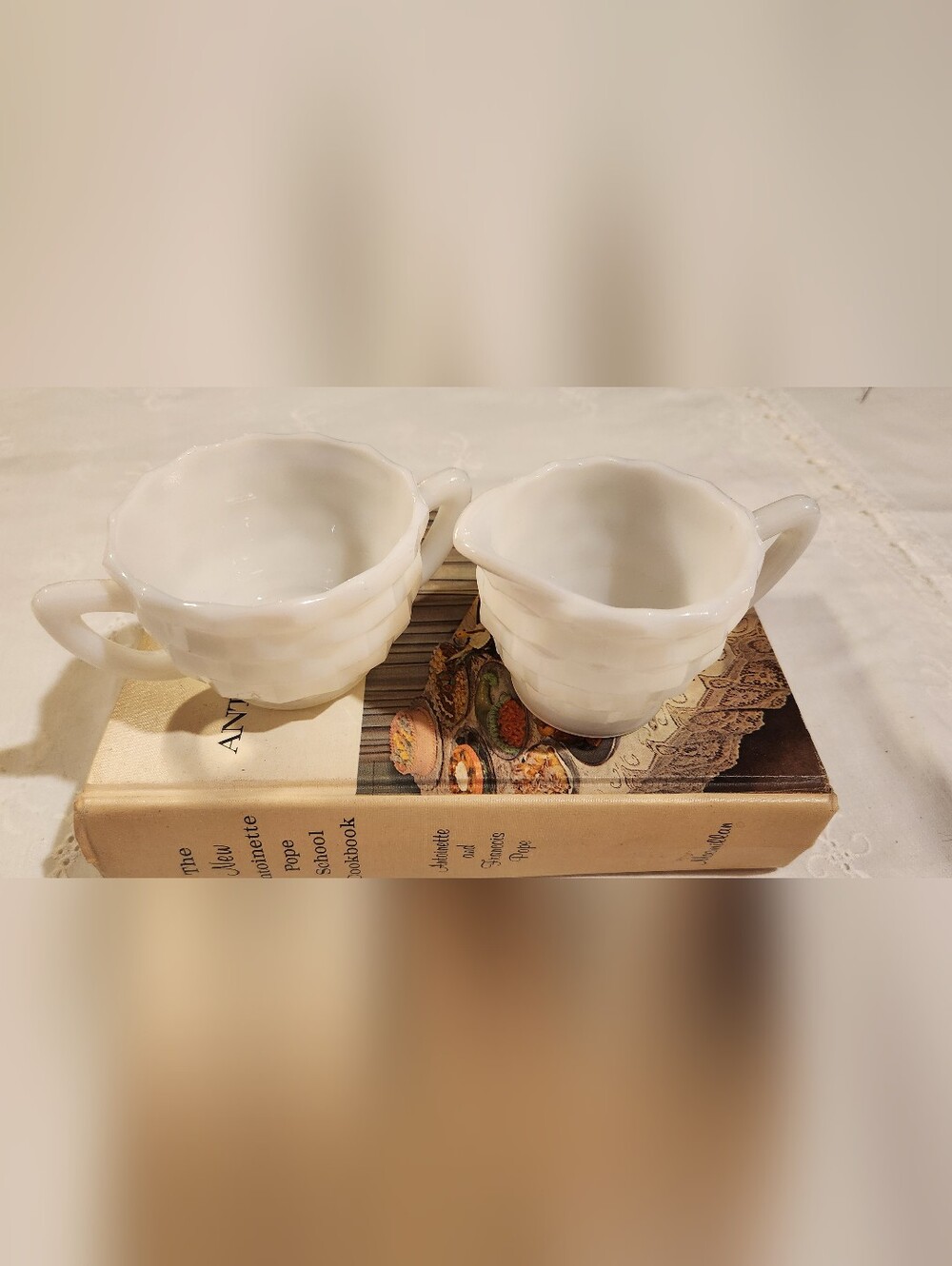 Vintage 1960's Hazel Atlas Cubist Opaque Milk Glass Creamer & Sugar Bowl Set EUC